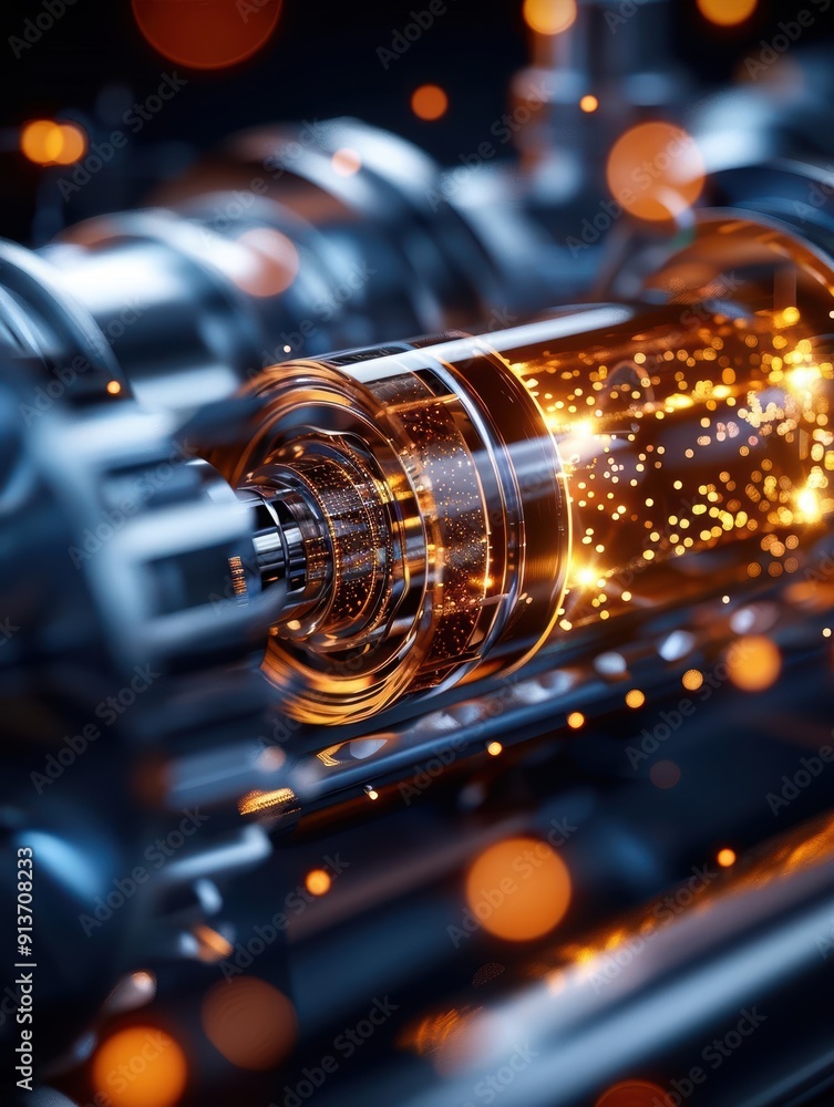 Poster close-up of a technological component showcasing glowing elements and intricate details, symbolizing