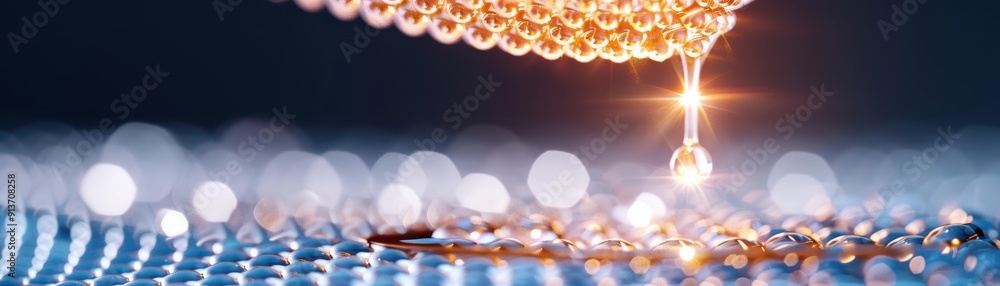 Poster close-up of a water droplet falling on a textured surface, creating mesmerizing reflections and high