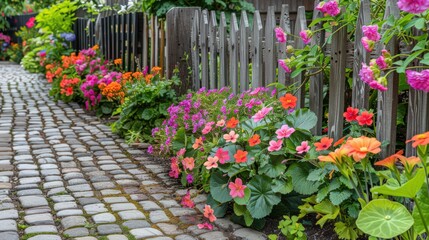 A charming flower garden with a mix of colorful begonias, fragrant lilies, and bright geraniums, bordered by a rustic wooden fence and a cobblestone path.