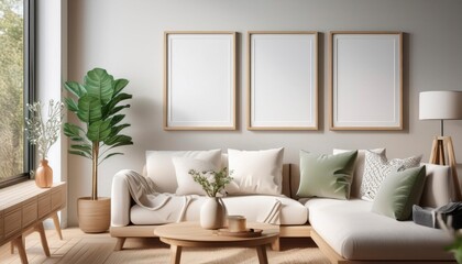 Fototapeta premium Mock up blank poster on the wall of living room, Generative image