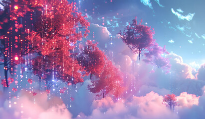 A whimsical sky filled with fluffy pink and white clouds, dotted with sparkling particles. The scene is dreamlike, evoking a sense of fantasy and wonder, with a beautiful gradient sky transitioning