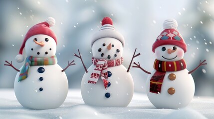 Three cheerful snowmen in the snow