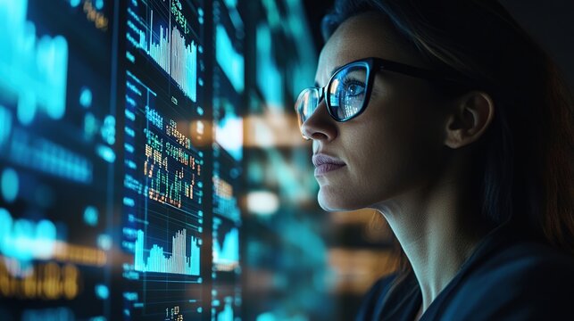 A businesswoman in glasses is looking at digital data on an LED screen, symbolizing the use of advanced technology for financial analysis and stock market.