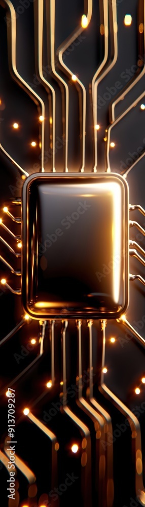 Poster close-up view of a circuit board with golden lines and a central chip, showcasing modern technology 