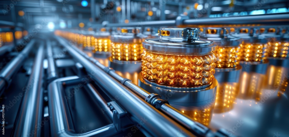 Poster close-up view of a modern industrial factory, showcasing machinery with glowing elements and intrica