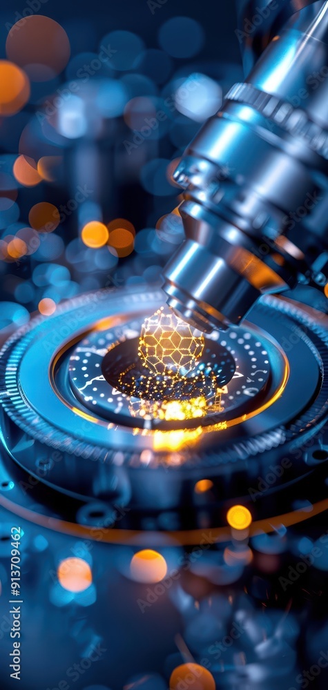 Poster close-up view of a microscope lens capturing bright particles in a laboratory setting, showcasing sc