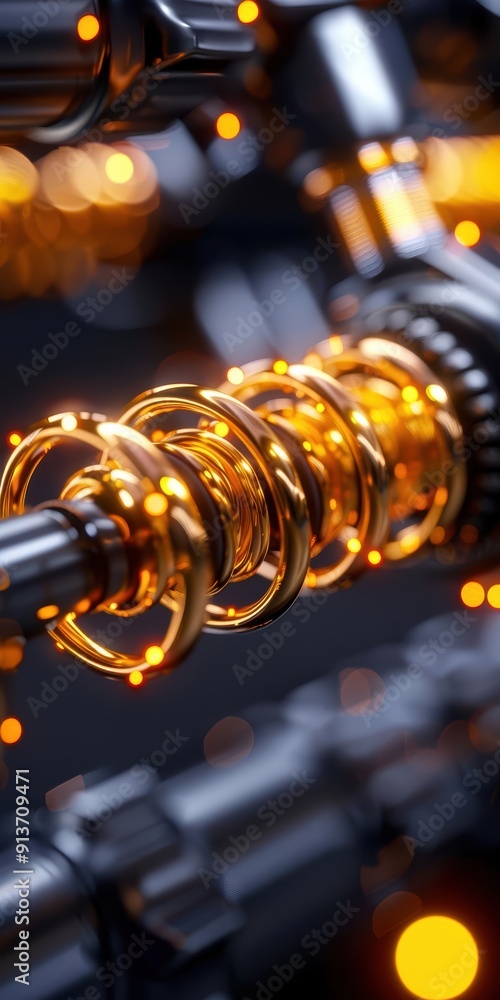 Poster close-up view of a shiny metallic spring with golden reflections, surrounded by intricate mechanical