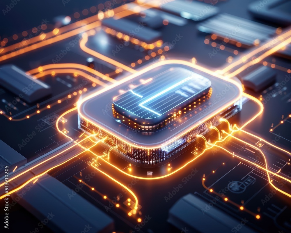 Poster futuristic circuit board with glowing connections and a central processor, representing advanced tec