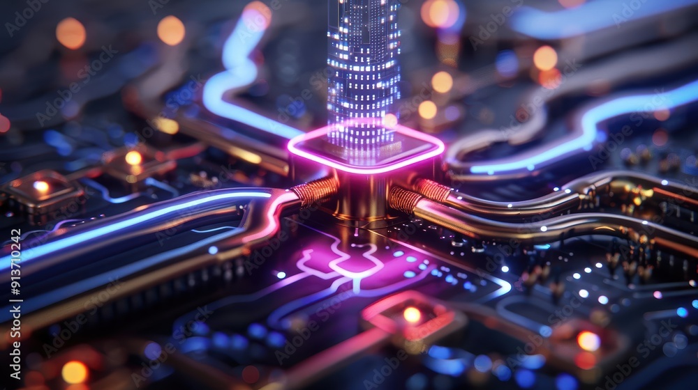 Poster futuristic circuit board with glowing lights and intricate pathways, symbolizing advanced technology