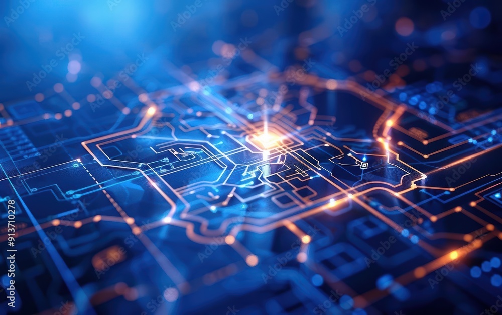 Poster futuristic circuit board with glowing lines and digital patterns, representing technology and innova