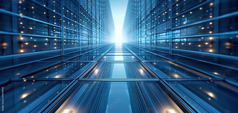 Poster futuristic data center with rows of servers and illuminated pathways, showcasing advanced technology