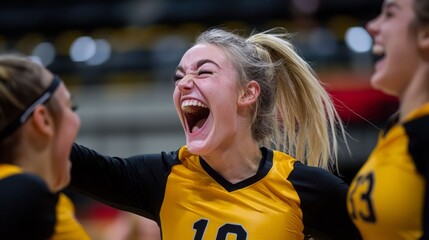 A joyful volleyball player celebrating with teammates, showcasing excitement and team spirit during a match.