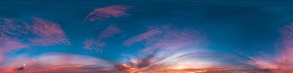 Sunset sky with bright glowing pink Cirrus clouds. Seamless spherical HDR 360 panorama. Full zenith or sky dome in 3D, sky replacement for aerial drone panoramas. Climate and weather change.