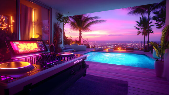 DJ setup with city view, pool and sunset.