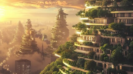 Obraz premium Ecological future city concept with carbon neutral footprint against global warmth. Green city solutions. Smart city. Solar Punk.