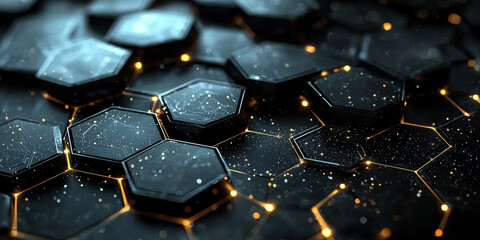 Hexagonal geometric shapes glowing on a dark blue background, reflecting a technology concept
