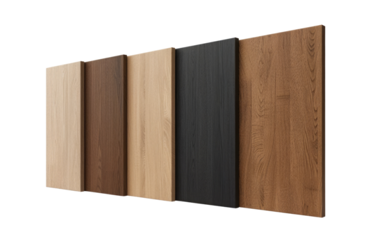 A selection of five different wooden laminate color samples arranged in a line for interior design and flooring choices in isolated on transparent and white background