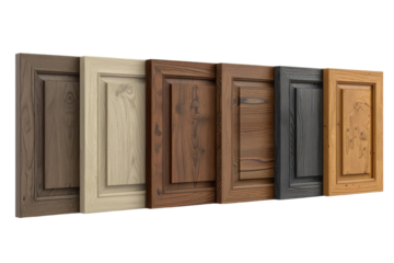 Selection of wooden cabinet doors in various colors and textures, showcasing design options for home interiors and kitchen renovations in isolated on transparent and white background
