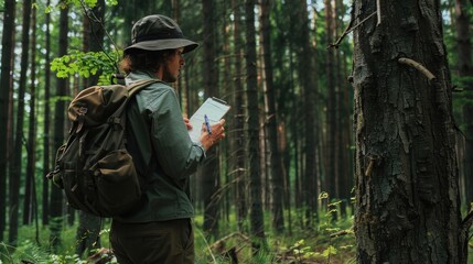 Forester examines trees in their natural condition in the forest and taking samples for in-depth research