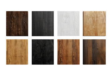 A collection of eight wooden texture samples in various colors and finishes in isolated on transparent and white background