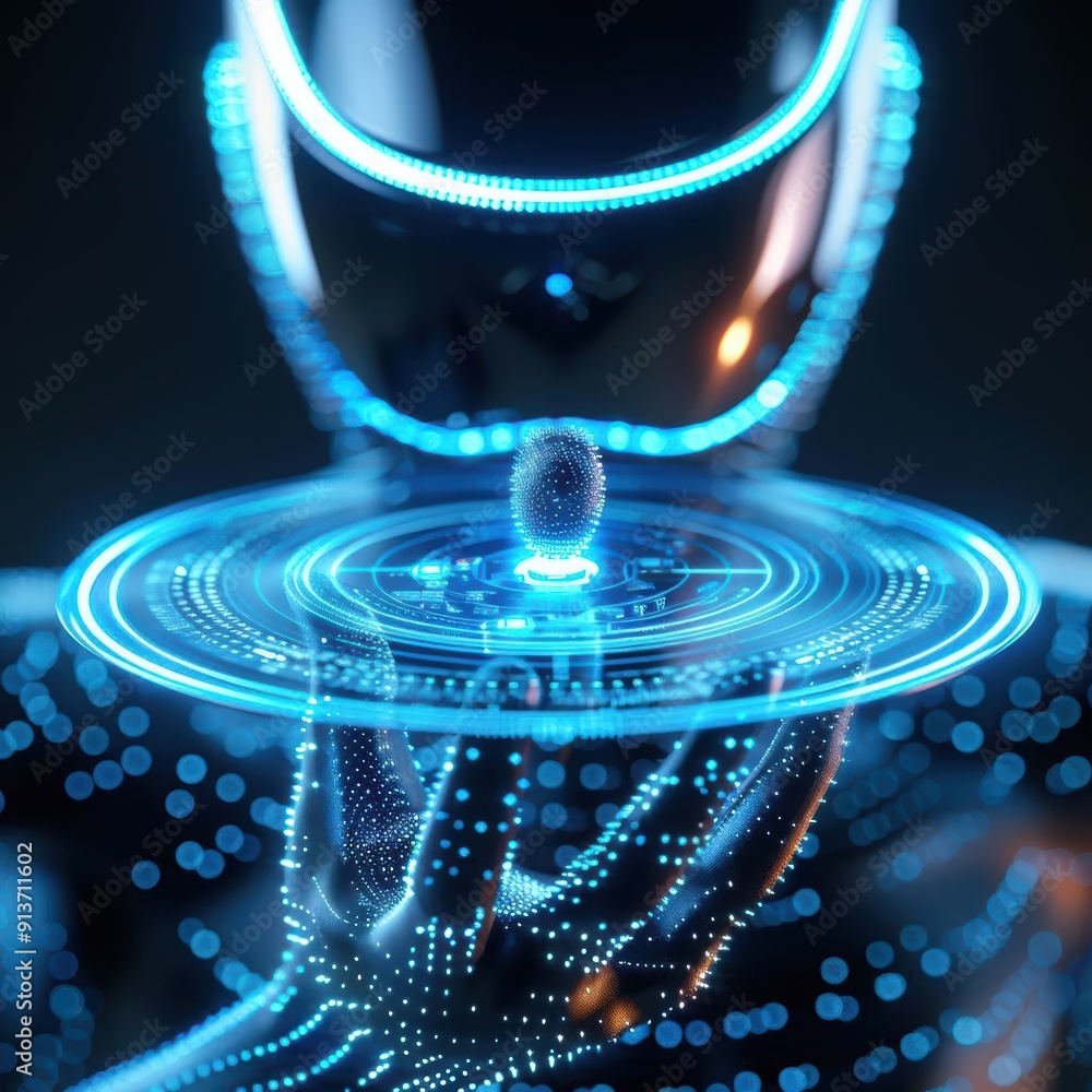 Poster futuristic robot interacting with holographic technology, showcasing advanced artificial intelligenc