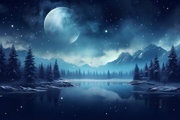 Fototapeta premium Inclined icy snowy fir trees on winter morning hill in cloudy misty weather. Dark natural scene with the reflection of light in the water, neon blue light. Dark neon background. 3D illustration