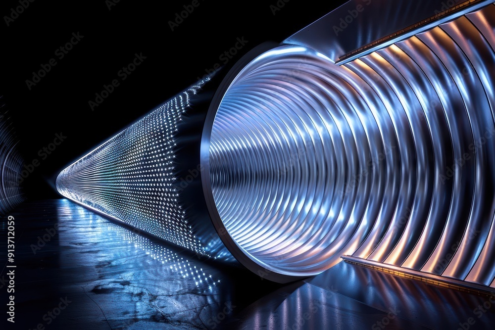Poster futuristic tunnel with glowing patterns, showcasing modern design and light reflections in a dark en
