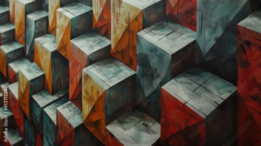 Poster create a sense of depth with layered geometric patterns that give the illusion of three-dimensionali