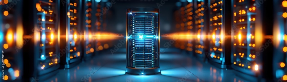 Poster high-tech server in a modern data center lit with blue and orange lights, illustrating advanced tech
