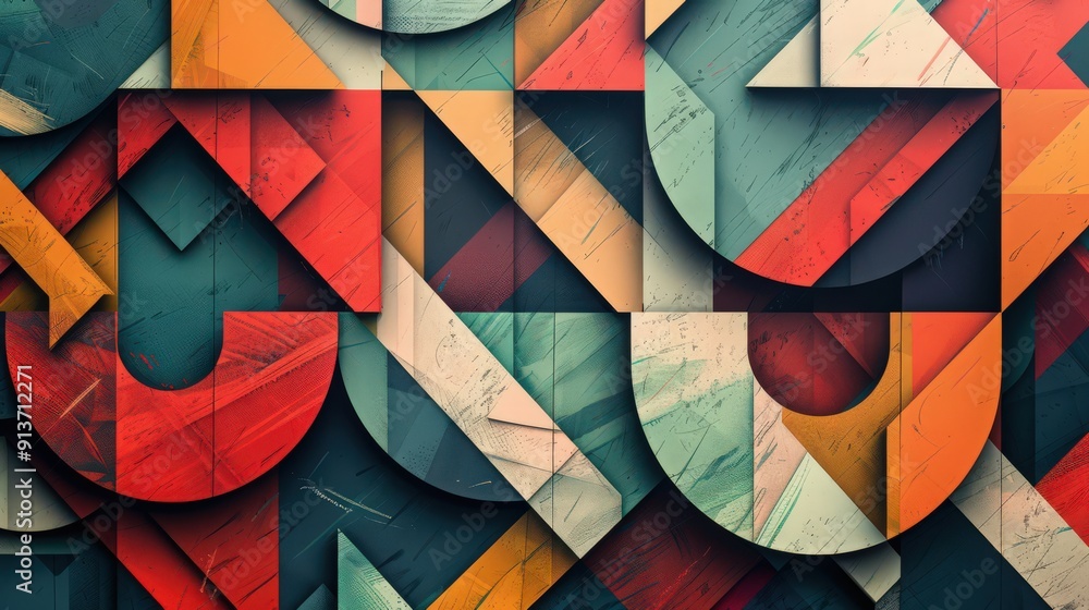 Poster create a sense of depth with layered geometric patterns that give the illusion of three-dimensionali