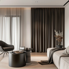Capturing the unique blend of functionality and style in a living room adorned with dimout curtains and minimalist scandinavian furniture. 