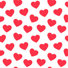 Seamless pattern of red hearts in various sizes on a white backdrop; perfect for romantic themes and Valentine’s designs