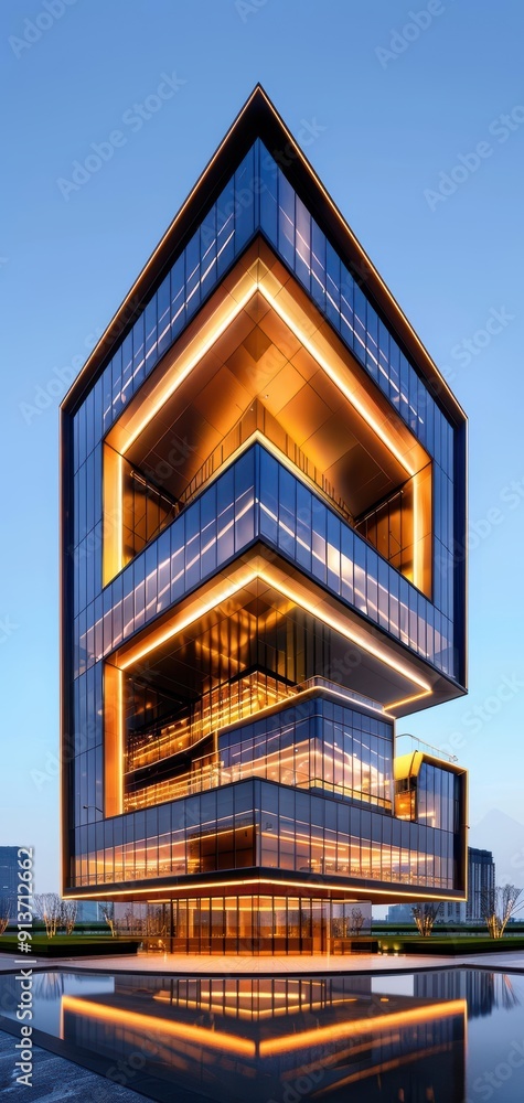 Poster modern architectural masterpiece with sleek glass design and dynamic geometric shapes illuminated at