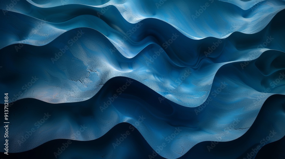 Poster dynamic blue waves cascading undulating patterns with shimmering light in an abstract representation