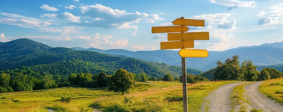 Scenic route signpost with multiple directions in a picturesque setting, road trip, choices and paths, copy space for text