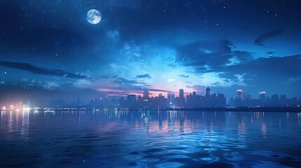 Obraz premium Create a serene evening scene with a city skyline glowing under the moonlight