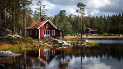 Obraz premium Red Cabin by the Lake - Photo