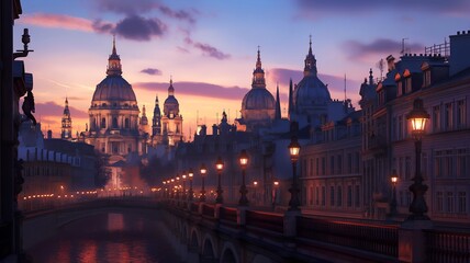 Fototapeta premium Twilight in a historic European city with classic buildings and a serene canal reflecting lights