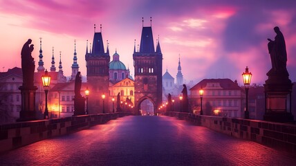 Obraz premium Twilight in a historic European city with classic buildings and a serene canal reflecting lights