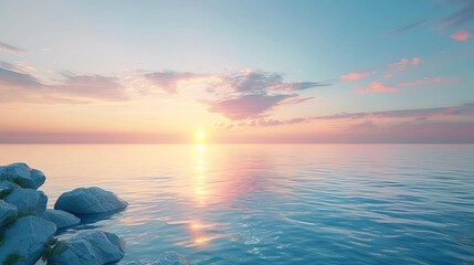 Coastal cliff with rocky material, dim sunset, tranquil shore