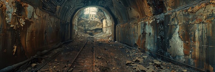 Naklejka premium Old abandoned iron mine tunnel with damaged wall underground