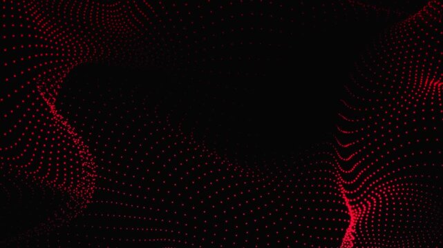 Abstract looping red motion waving dots texture on black background. Cyber or technology digital animated background