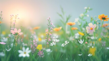 Meadow with wildflowers, dim twilight, serene landscape