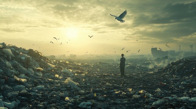 Choked landfill with towering piles of plastic waste and scavenging birds in a polluted sky