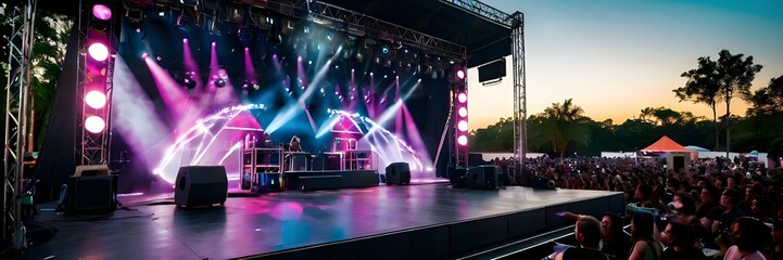 Live stage with light truss with music equipment, concert stage