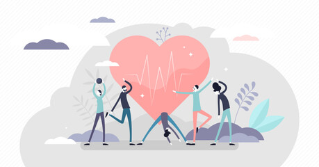Good health concept, flat tiny persons illustration, transparent background. Active lifestyle with exercise workouts and healthy diet. Abstract heartbeat wellness symbol.