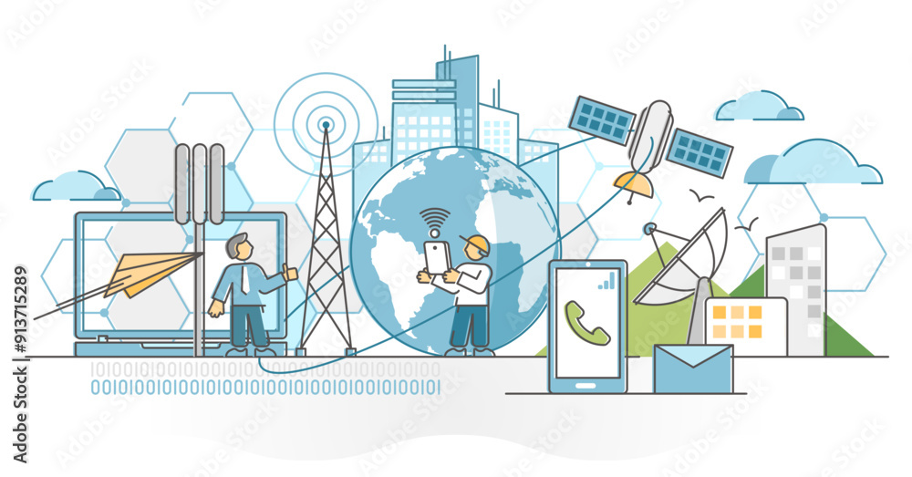 Poster telecommunications industry with satellite data signal wave outline concept, transparent background.