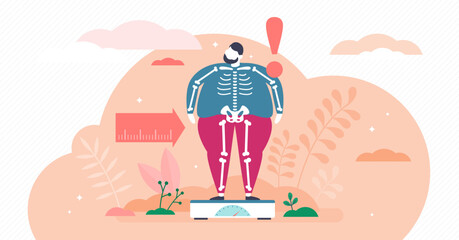 Overweight concept, flat tiny person illustration, transparent background. Weight loss creative graphic art with very obese man on scales and slim skeleton beneath the fat.