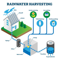 Obraz premium Rainwater harvesting system isometric diagram, illustration scheme with hose roof water runoff, underground piping, filtering, collecting in tank for domestic use, transparent background.