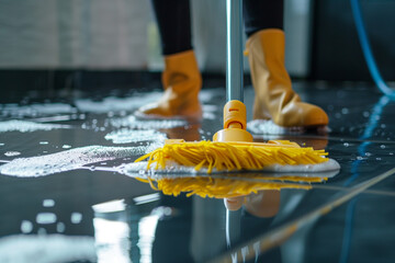 A cleaner in yellow rubber boots mops the floor at the factory